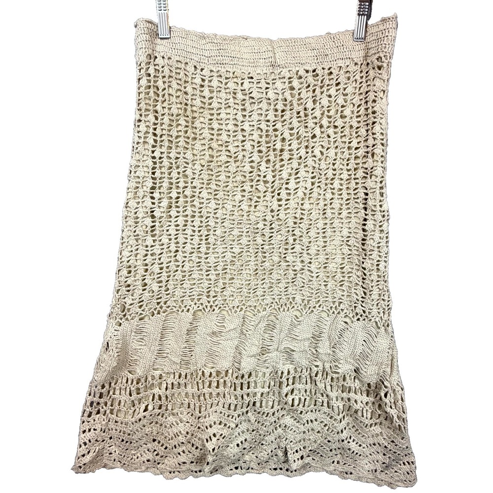 W Crochet Knit Skirt Womens Large Beige Open Weave Boho Festival Shabby Chic